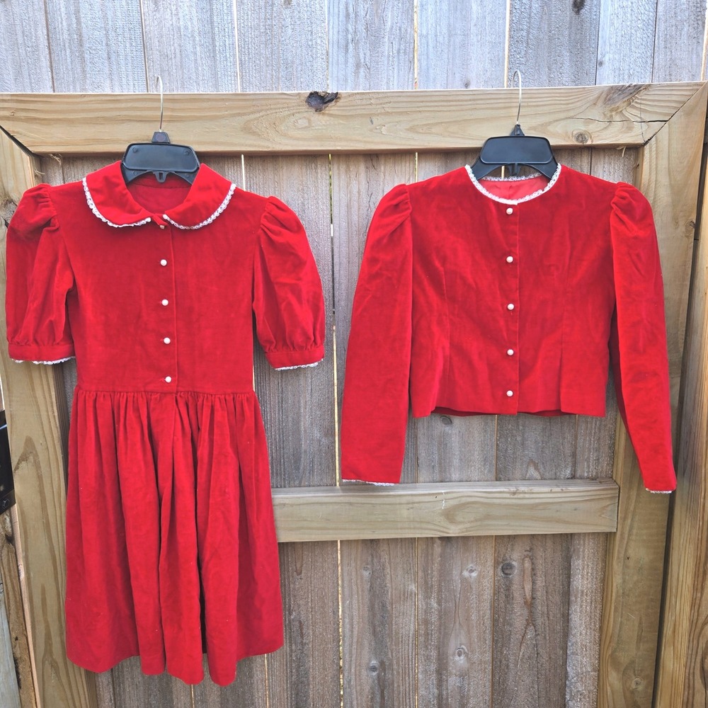 Vintage Girls Red Velvet Dress & Jacket Set Lace Trim Holiday Christmas 2PC *pic